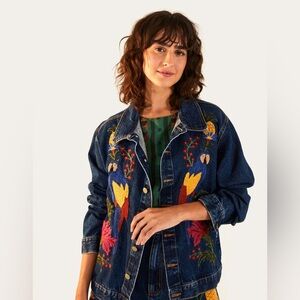 FARM Rio - Embroidered Denim Jacket with Tropical Design